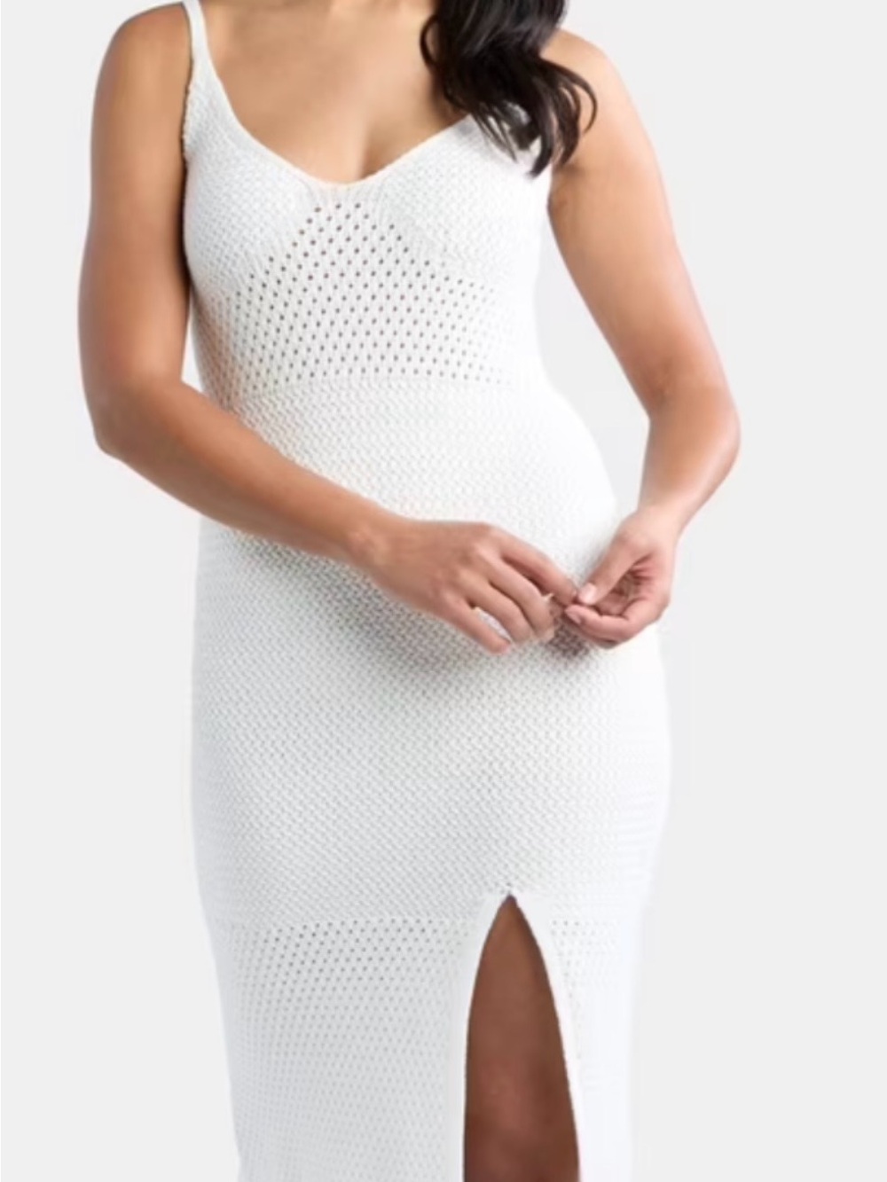 White Knit Bodycon Dress with Front Slit